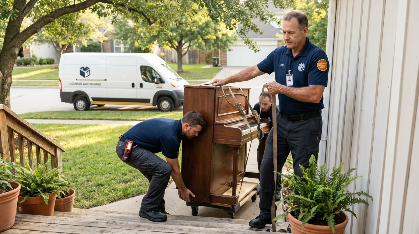 Licensed piano movers securing grand piano in Trempealeau, WI