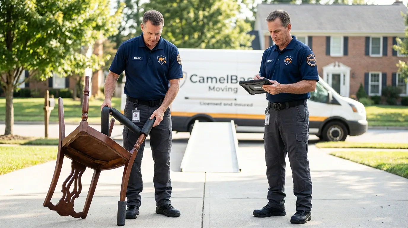 Movers inspecting furniture for damage prevention before loading in Trempealeau, WI