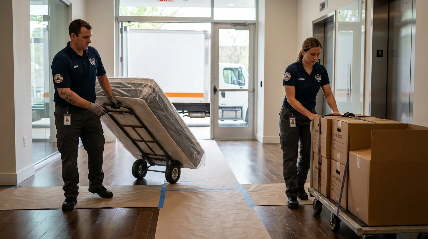 Professional apartment movers loading elevator in Trempealeau, WI