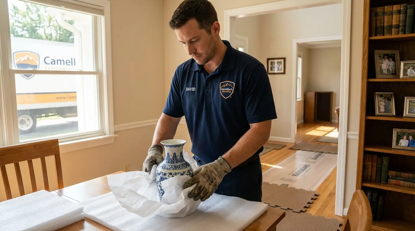 Professional crew carefully wrapping antique vase for senior downsizing move in Trempealeau, WI