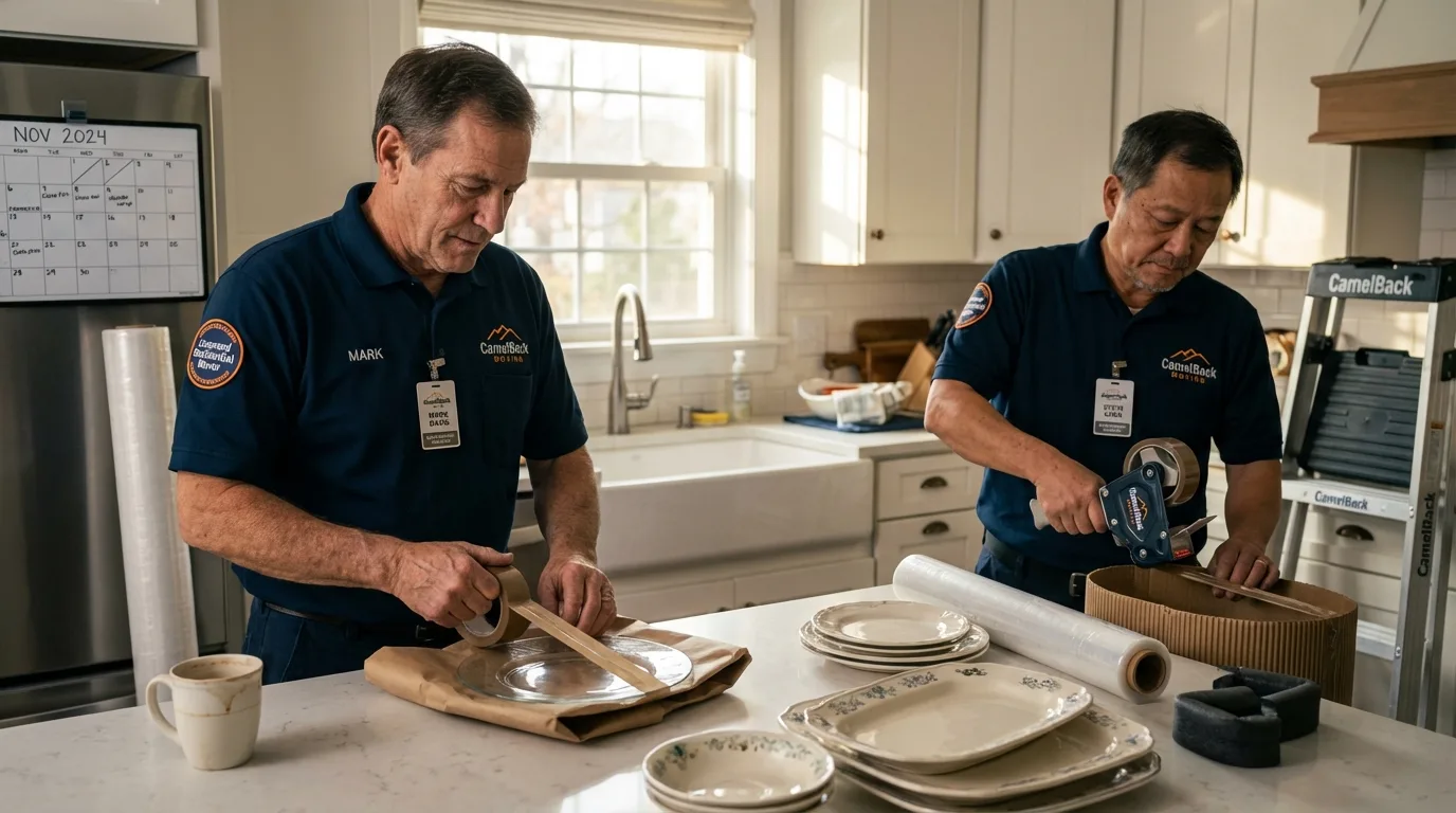 Professional crew packing kitchen dishware in Trempealeau, WI